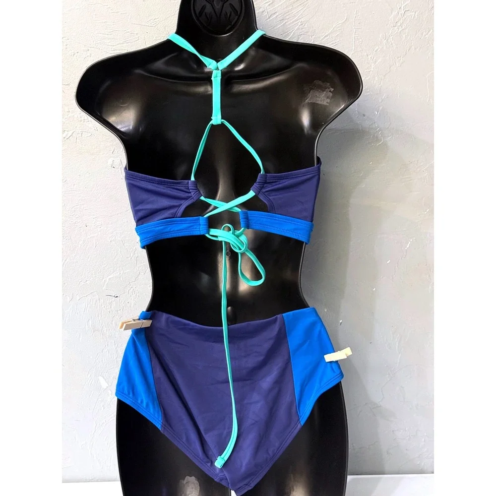 Title Nine Blue Colorblock Bikini Set 34D Underwire Top Sz M Bottoms